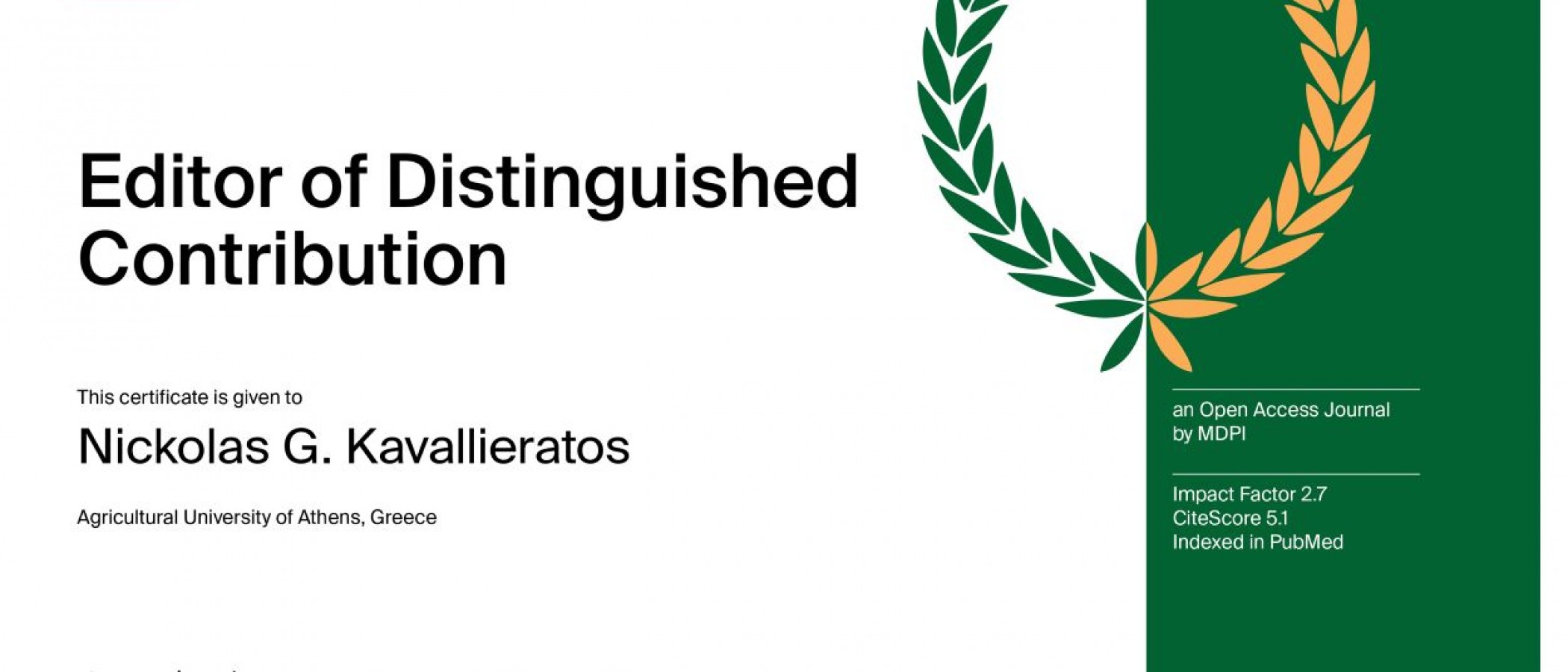  International Recognition for Associate Professor Nikolaos G. Kavallieratos of the Agricultural University of Athens by the Scientific Journal Insects.